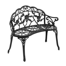 Outdoor Cast Aluminum Patio Bench, Porch Bench Chair with Curved Legs Rose Pattern, Black