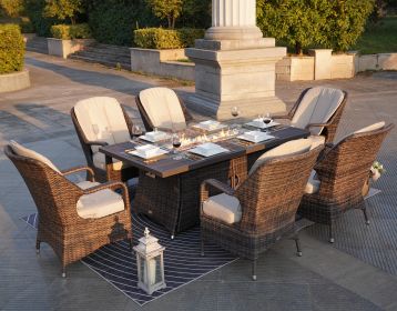 Elegant PE Wicker and Aluminum Patio Dining Sets with Fire Pit Table and Standard Dining Chair