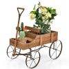 Wooden Wagon Plant Bed with Metal Wheels for Garden Yard Patio